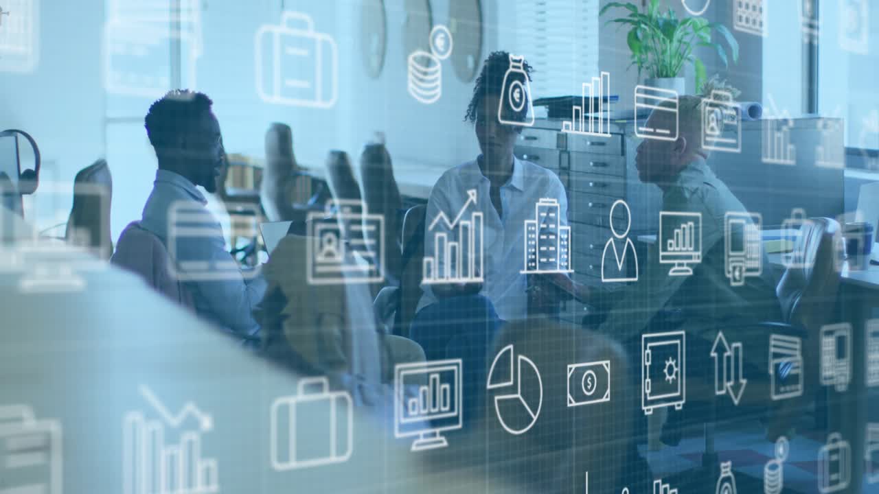 Host pointing at laptop screen amid animating finance data icons and driving team note-taking