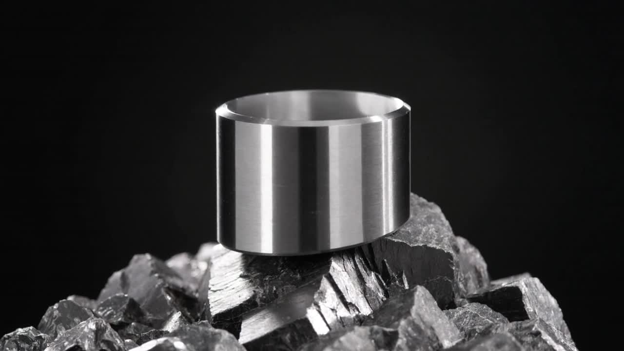 Anello metallico che ruota, si inclina, si posa su minerale scuro con luci da studio che creano riflessi per il design