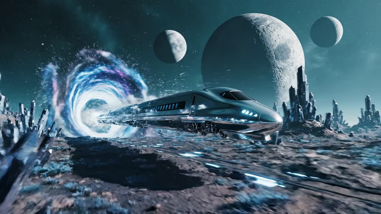 Futuristic Train Traveling Through a Space Portal