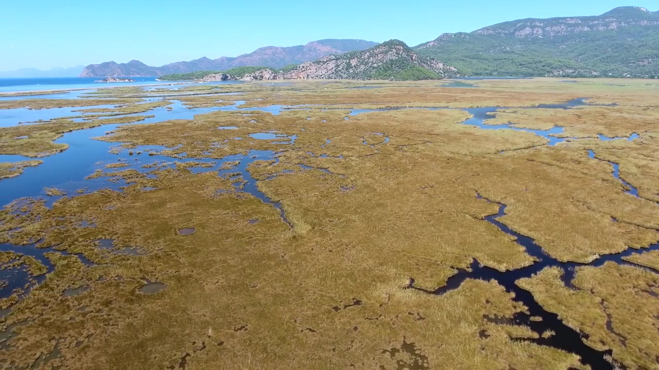 Vista aerea del delta del fiume Dalyan e delle zone umide in Turchia