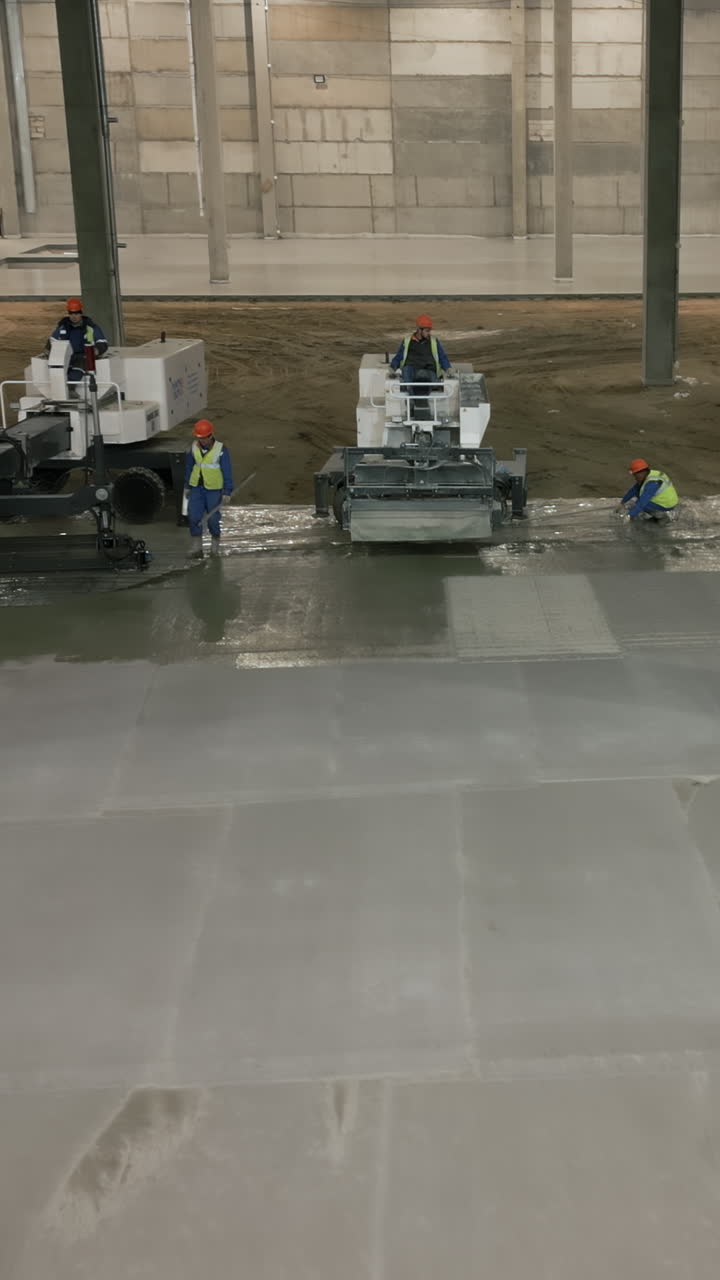 Concrete Floor Construction with Machinery and Workers