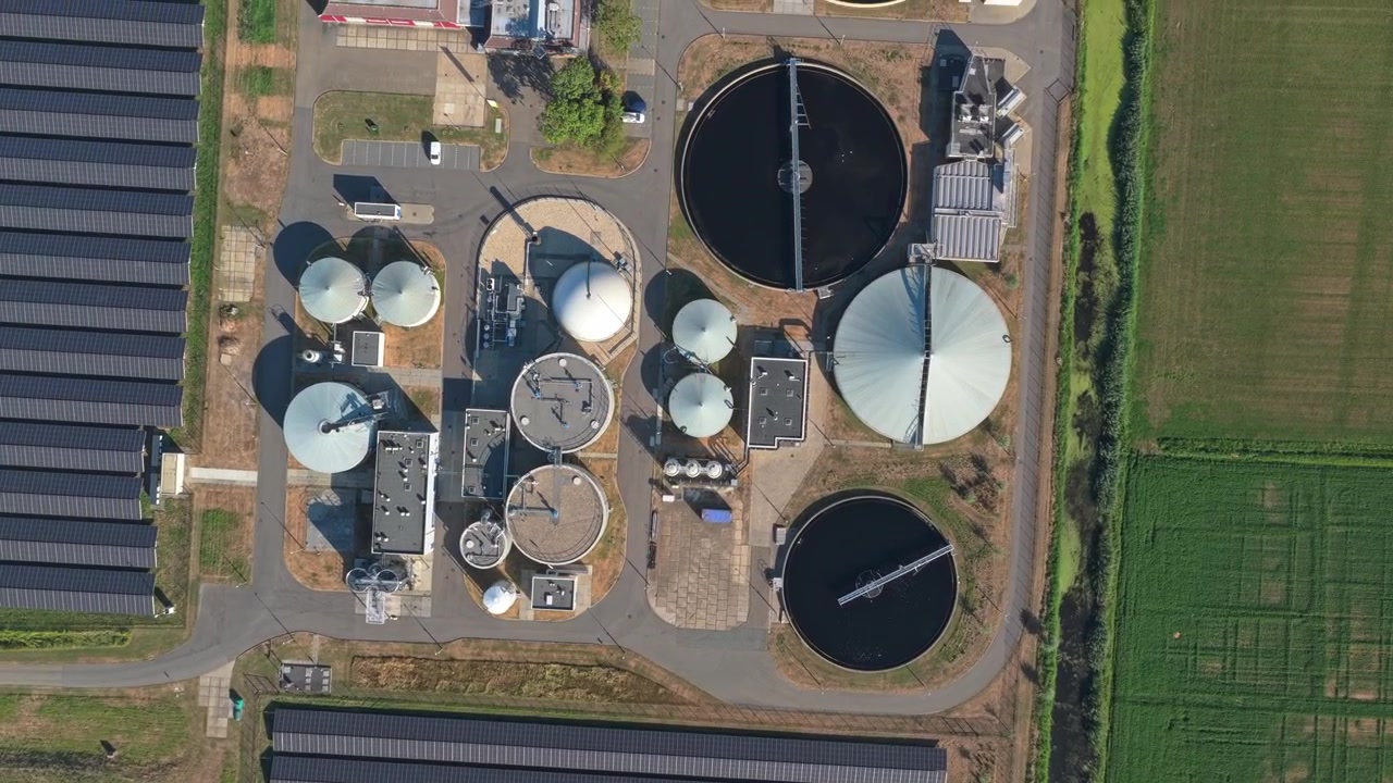 Aerial View of Wastewater Treatment Plant and Solar Farm