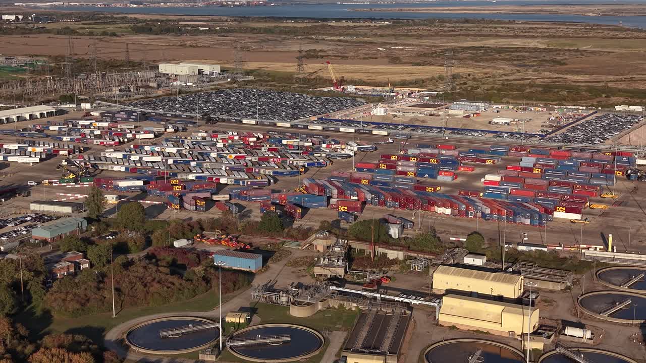 Aerial view towards shipping container storage facility at Tilbury 2 RoRo terminal in Essex