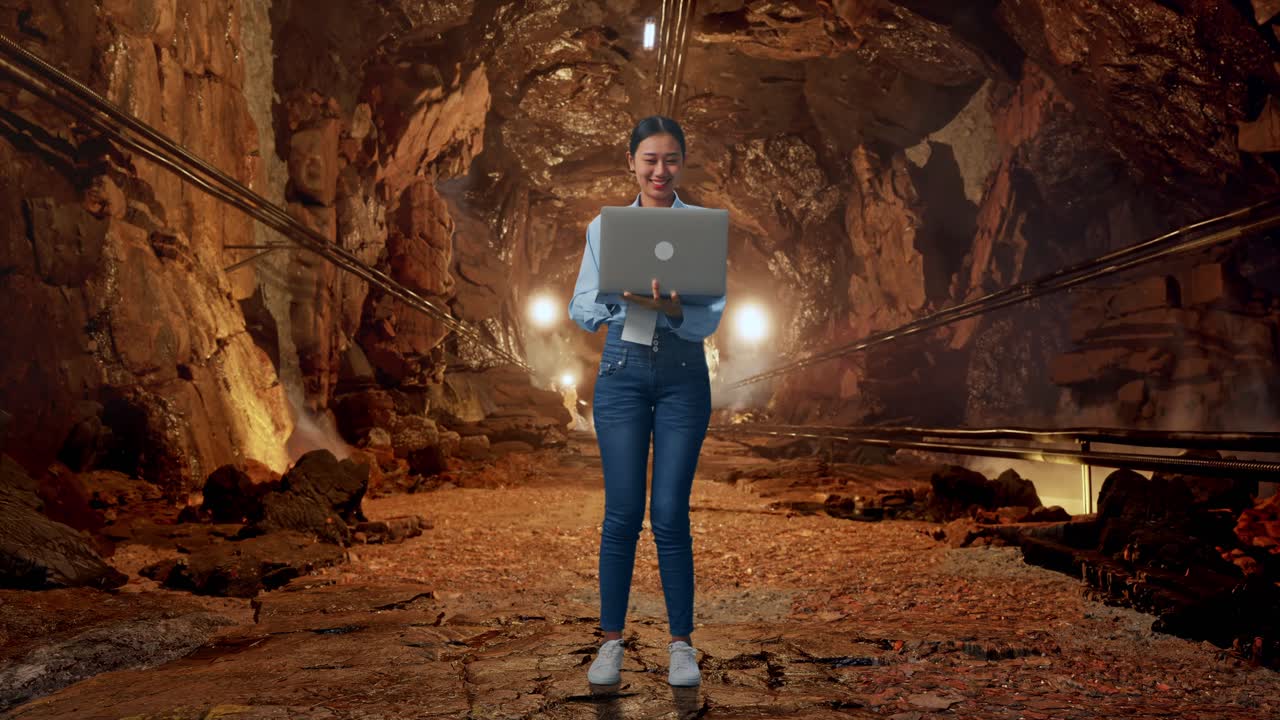 Full Body Of Asian Female With Her Laptop In Underground Mine Tunnel, Working Continuously
