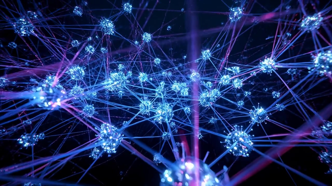 Moving camera revealing 3D network in void, pulsing nodes, filaments and magenta streaks for detail