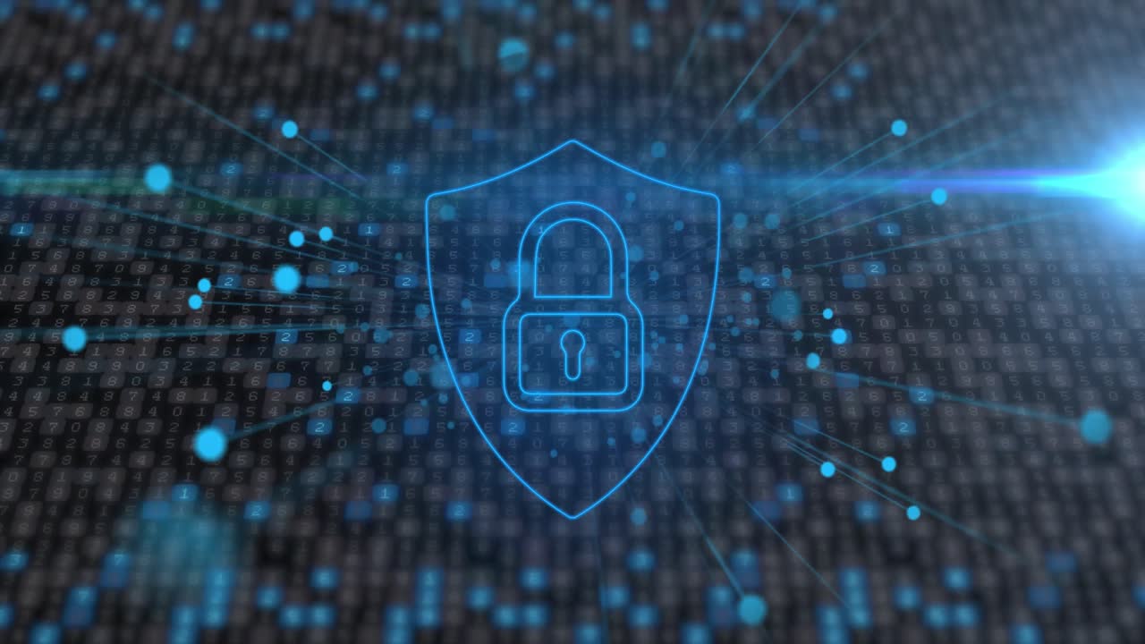 Animation of network of connections and security padlock icon with icons over dark background