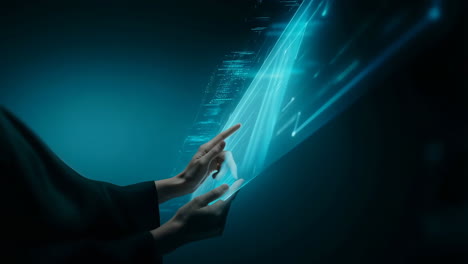 hands interacting with futuristic digital data interface