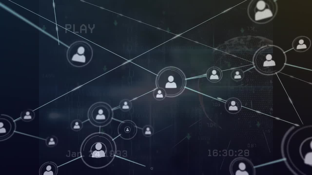 Animation of network of connections and video tape with globe over black background