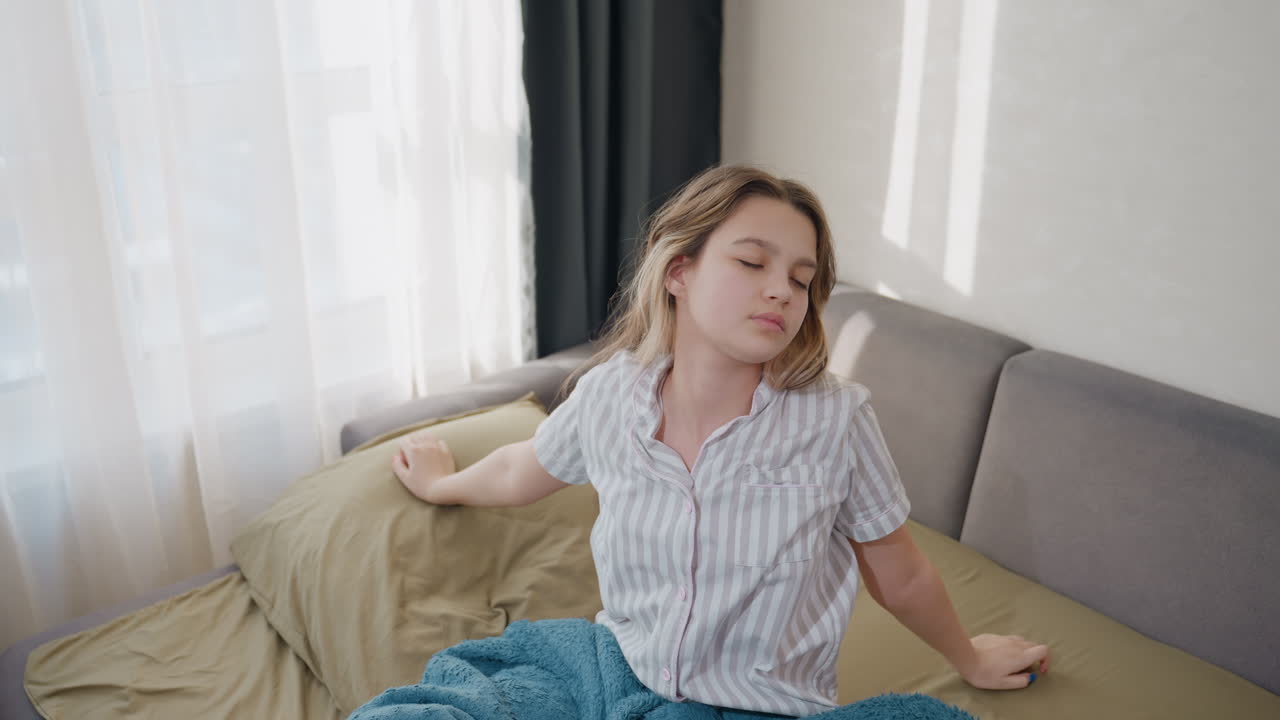 Girl Greets New Day, Energetic Woman Stretches In Sunlight Sunlight, Woman Awakens With Joyful Smile At Dawn Visually, Lively Lady Rises With Open Arms To Greet Gentle Morning Sunlight Meaningfully