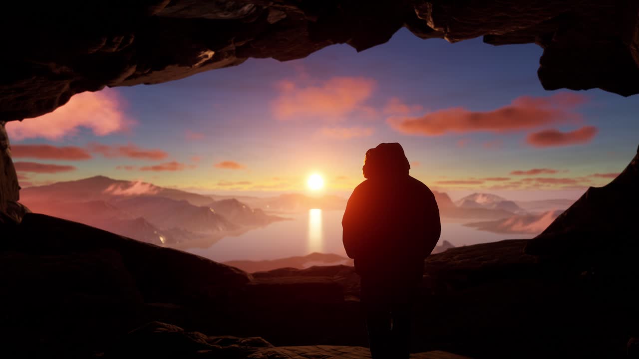산의 호수 위에 해가 뜨는 동굴에 있는 사람의 실루
