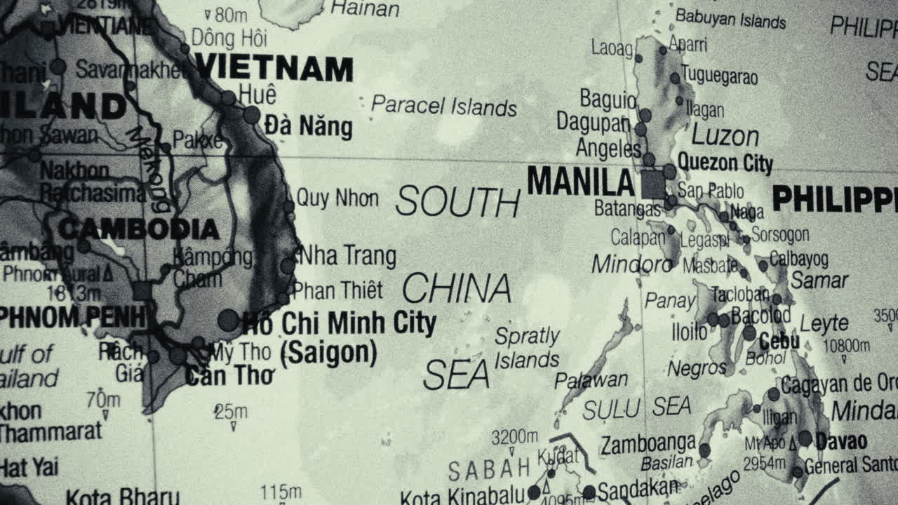 Close-up of a map showing Southeast Asia with focus on Vietnam, Philippines, and the South China Sea