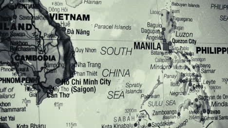 close-up of a map showing southeast asia with focus on vietnam, philippines, and the south china sea