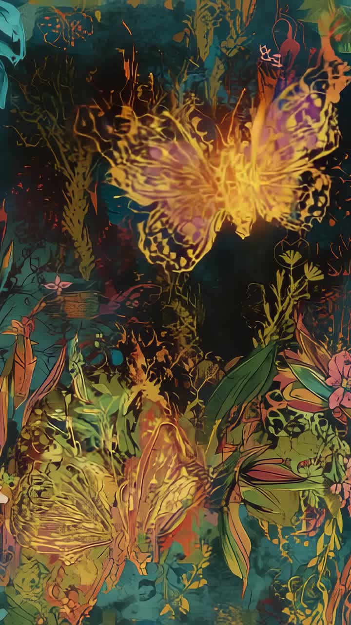 Vertical video: Hovering yellow butterfly flapping wings at botanical backdrop with purple accents