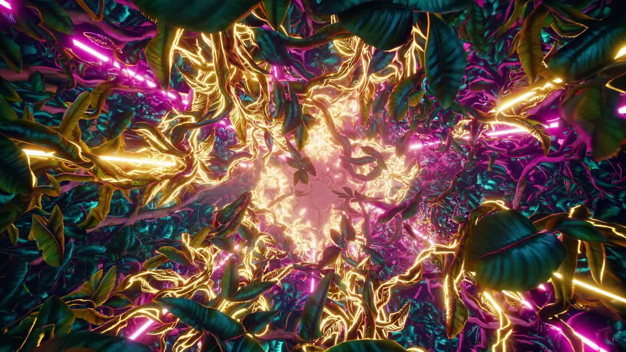 A vibrant, abstract video scene with a top-down angle, featuring neon-lit leaves and swirling