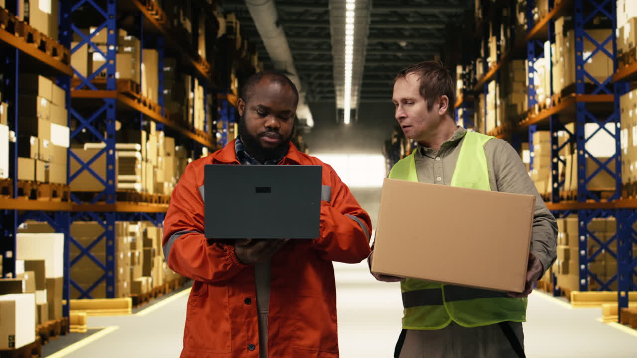 Multiethnic staff members sorting cardboard boxes in industrial storage facility