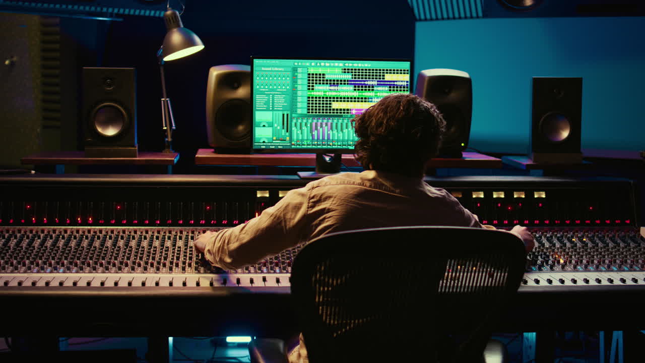 productor de música terminando una pista con software de audio y consola de mezcla