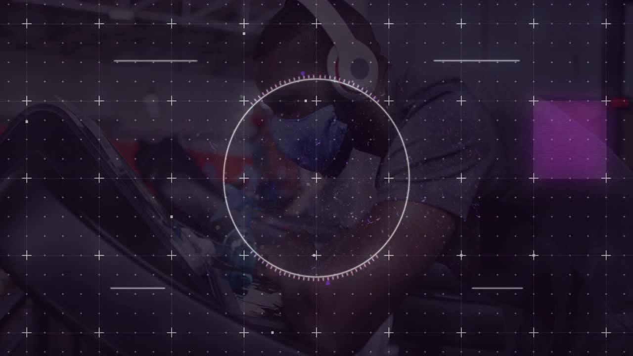 Man reclining couch, tech HUD activating, rotating pink bars revealing face while hand cupping yawn