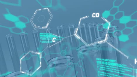 Animation-of-chemical-structures-and-data-processing-over-test-tubes-against-blue-background