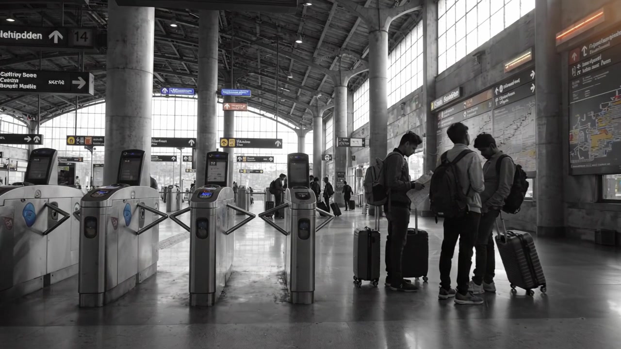 Una stazione ferroviaria affollata con passeggeri che attraversano i tornelli e i tabelloni delle partenze, catturando l'essenza del viaggio e del trasporto urbano nella società moderna