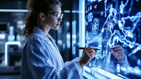 female scientist wearing glasses and a lab coat is focused on analyzing complex data displayed on a digital screen, showcasing advanced technology and a modern laboratory environment