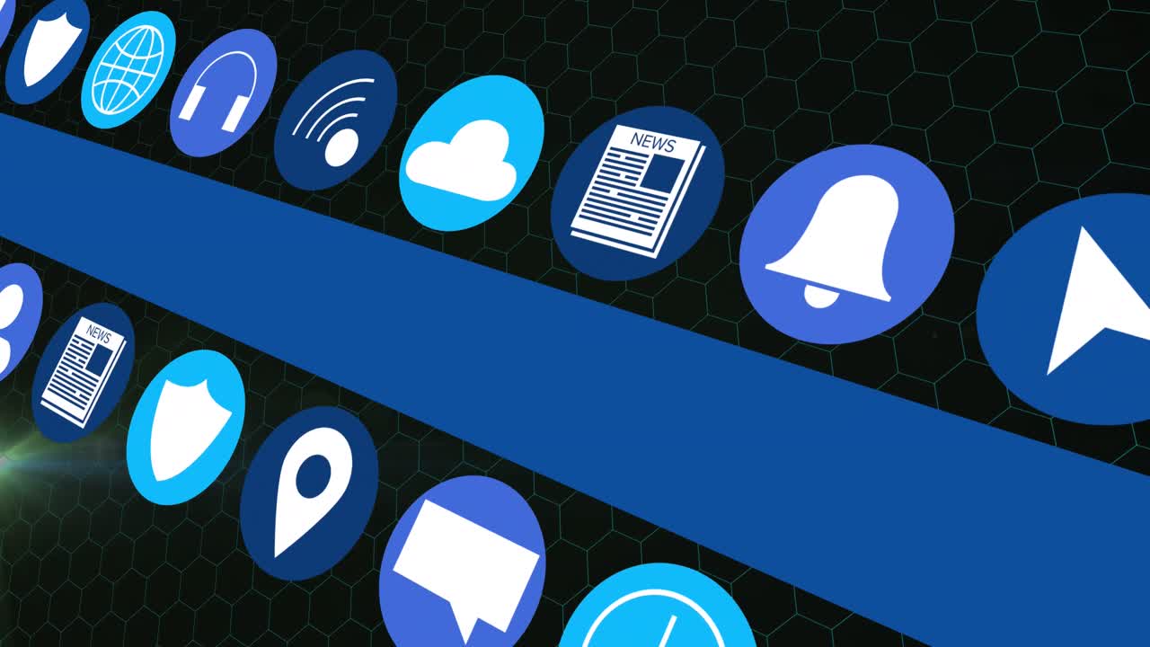 animación de múltiples iconos en círculos con líneas sobre patrones de hexágonos contra un fondo negro