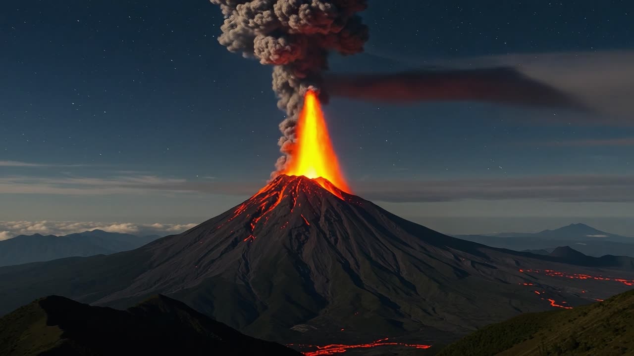 Eruption's Majesty: A Stunning Volcanic Display Showcasing Fiery Lava and Majestic Ash Clouds Against a Starry Sky