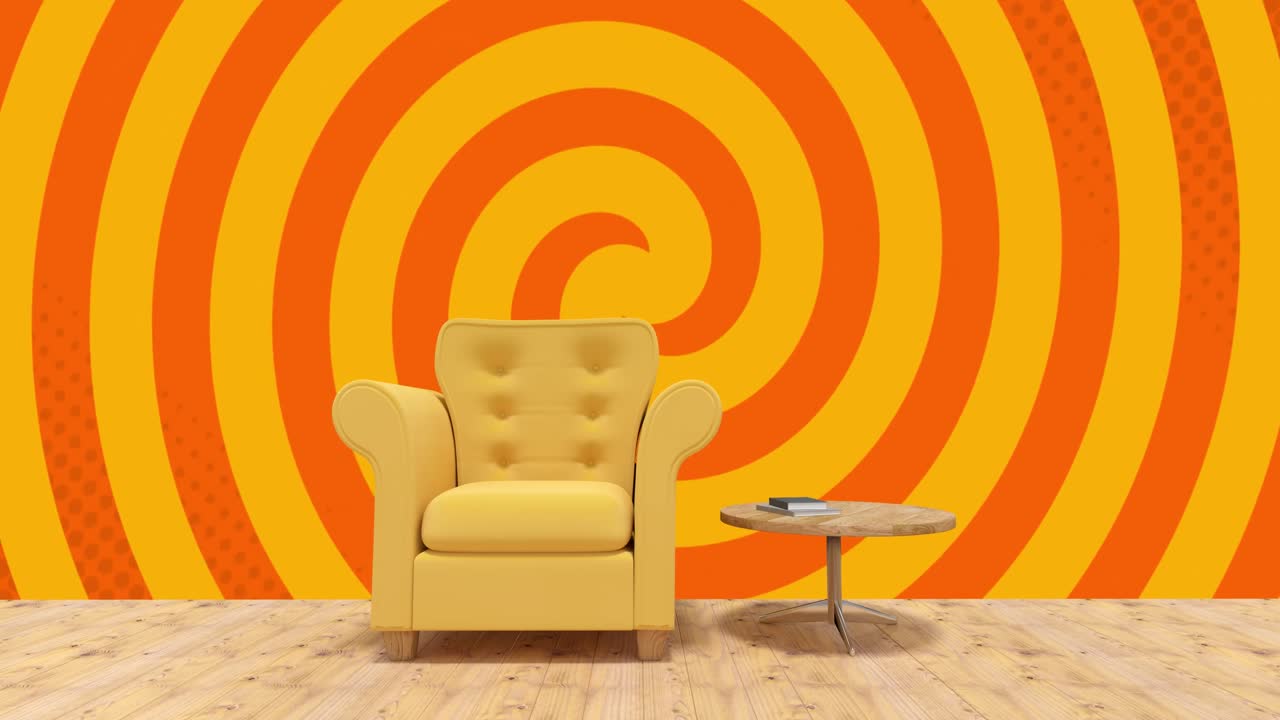 animación de un sillón amarillo sobre un fondo giratorio en espiral amarillo y naranja