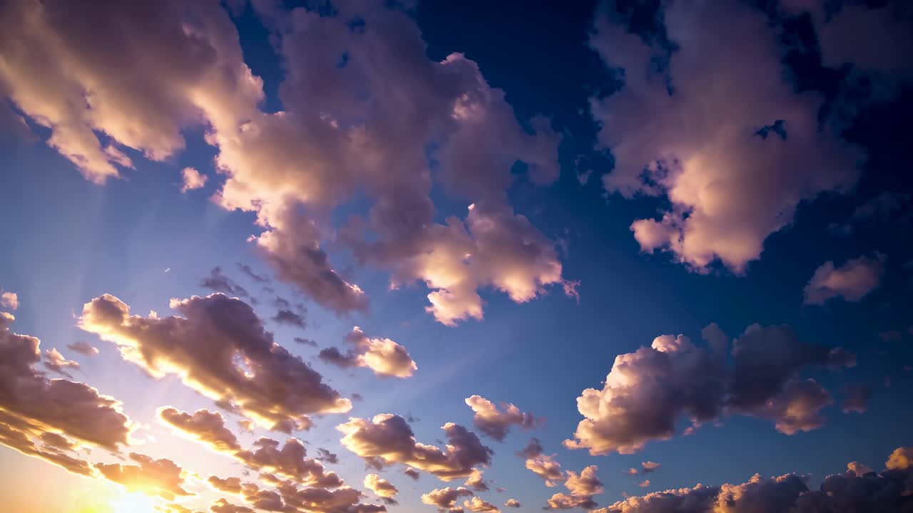 Das Video fängt einen heiteren Himmel mit flauschigen Wolken bei Sonnenuntergang ein und präsentiert lebendige Farben