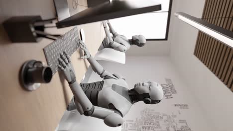 vertical robot humanoid cyber sitting in office while chatting with customer on website and help care 3d rendering animation of chatbot with hud interface keyboard