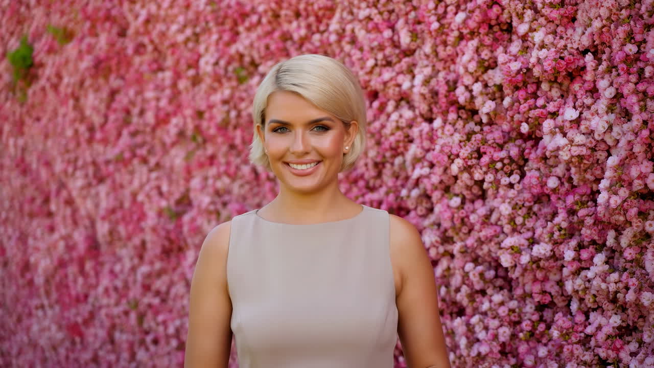 Donna bionda sorridente in piedi davanti a una parete di fiori rosa