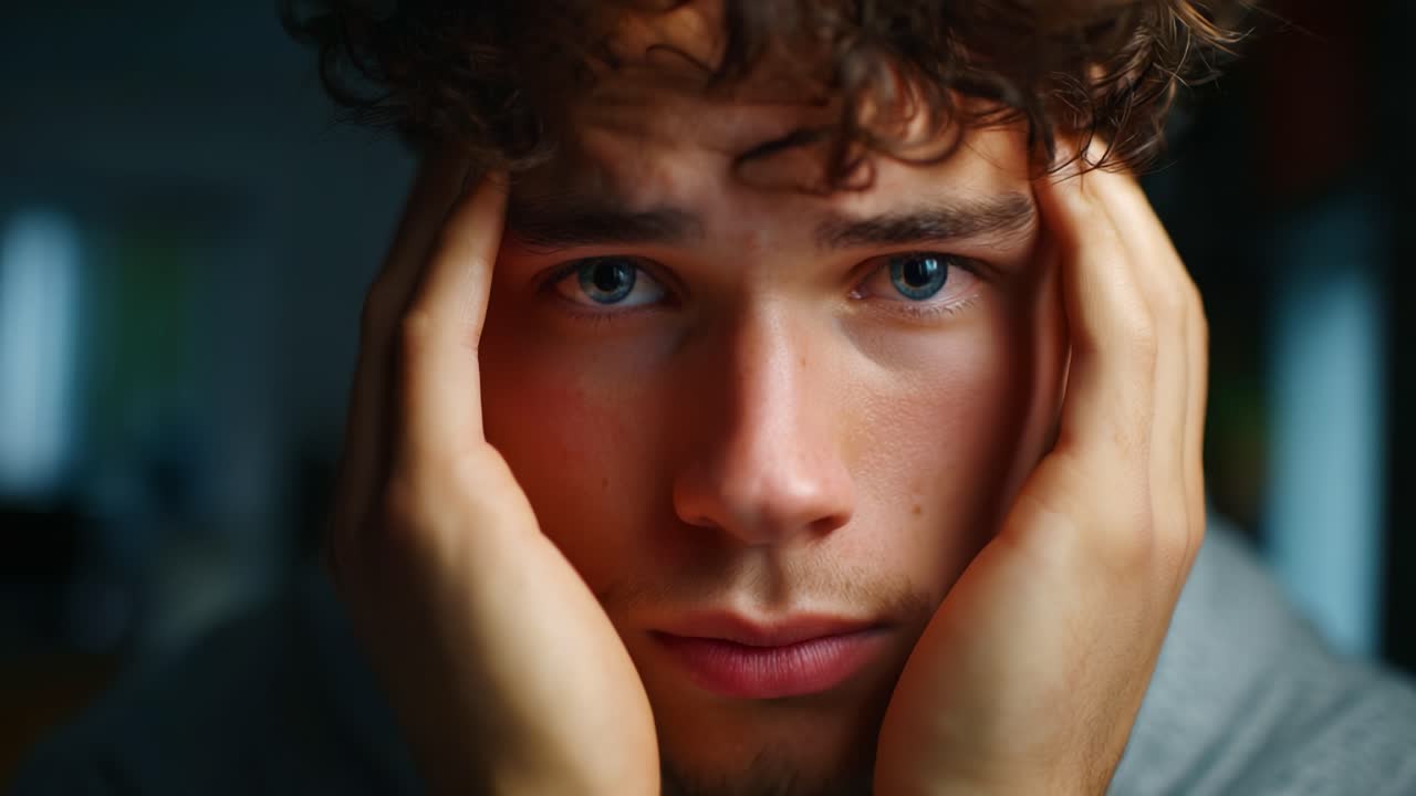 Primo piano espressivo di un giovane uomo con capelli ricci che mostra un'emozione intensa con le mani sul viso, su uno sfondo con illuminazione soffusa