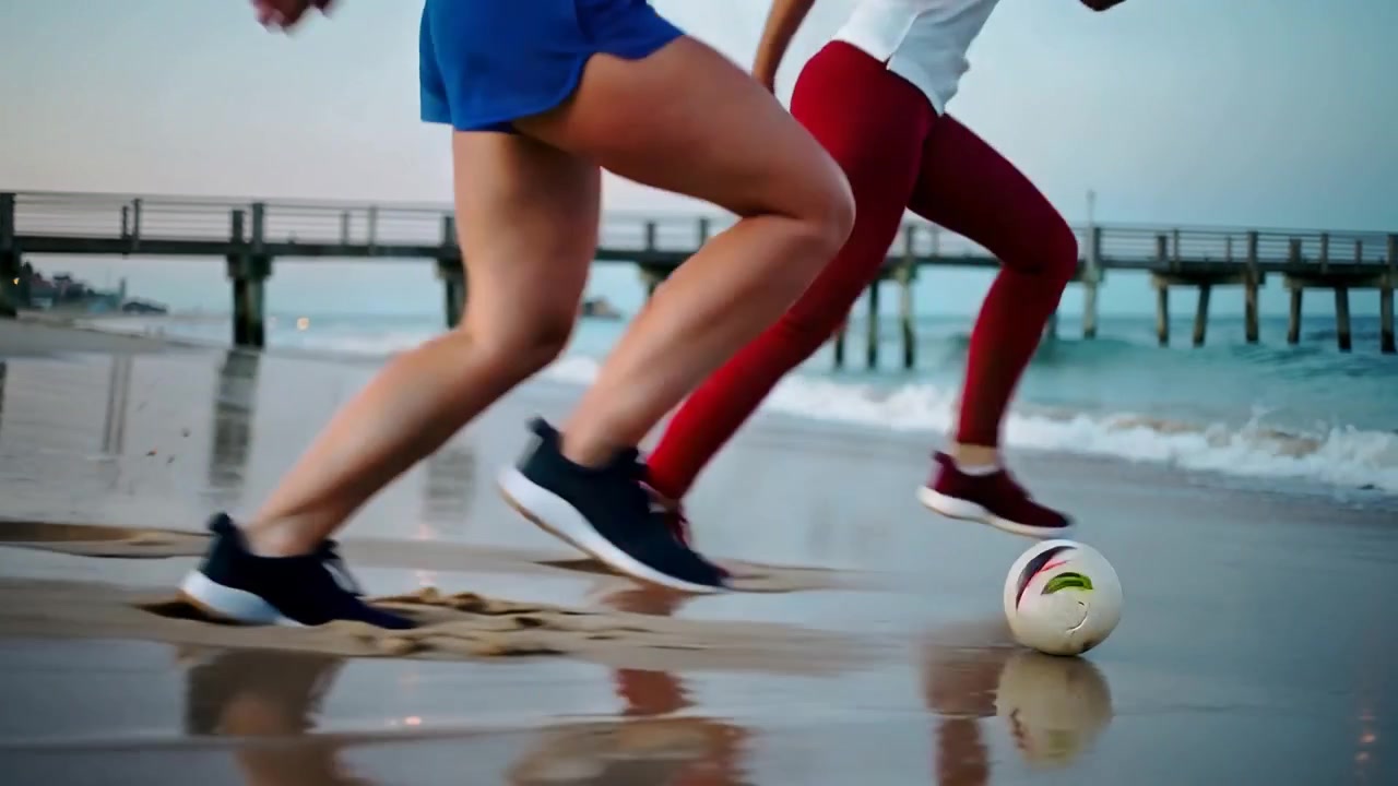 Due donne in blu e rosso che scattano e si contendono un pallone da calcio bianco lungo la riva, vicino a un molo.