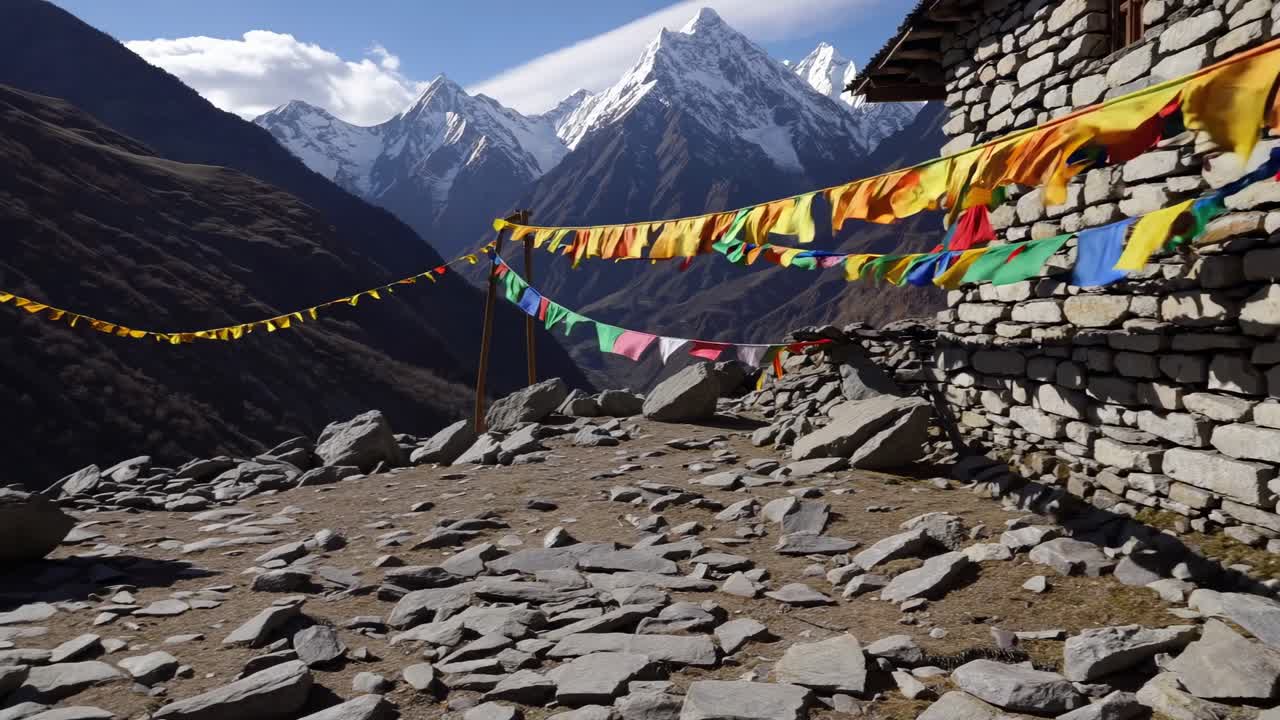 Prayer flags waving in the wind near a stone buddhist building in a sunny day in the Himalayas mountains, with a rocky ground in the foreground and snowy peaks in the background