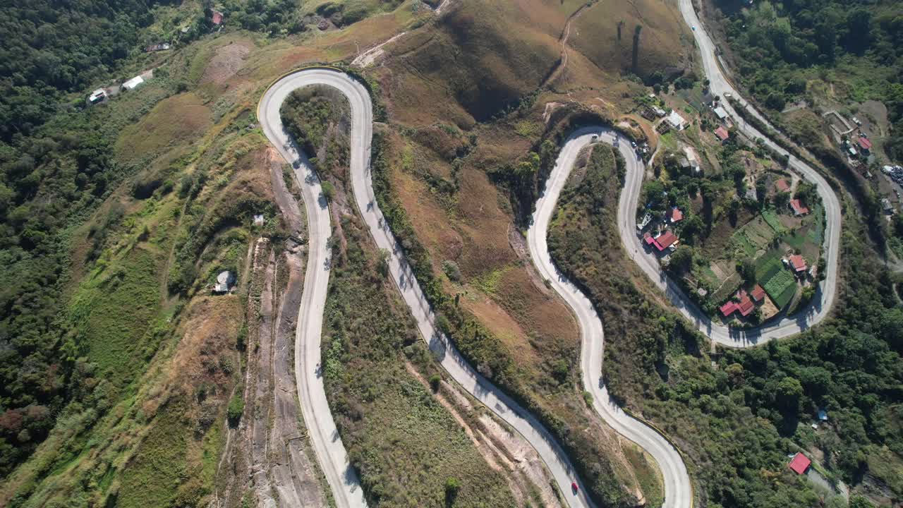 Winding road in the mountains of Junquito, Venezuela, seen from an aerial view