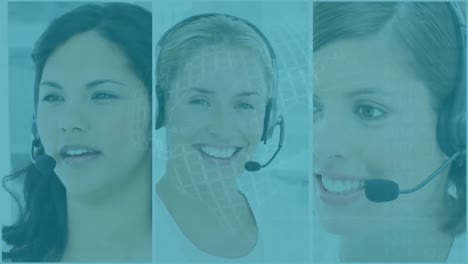 globo girando contra tres mujeres ejecutivas de atención al cliente hablando por teléfono auricular