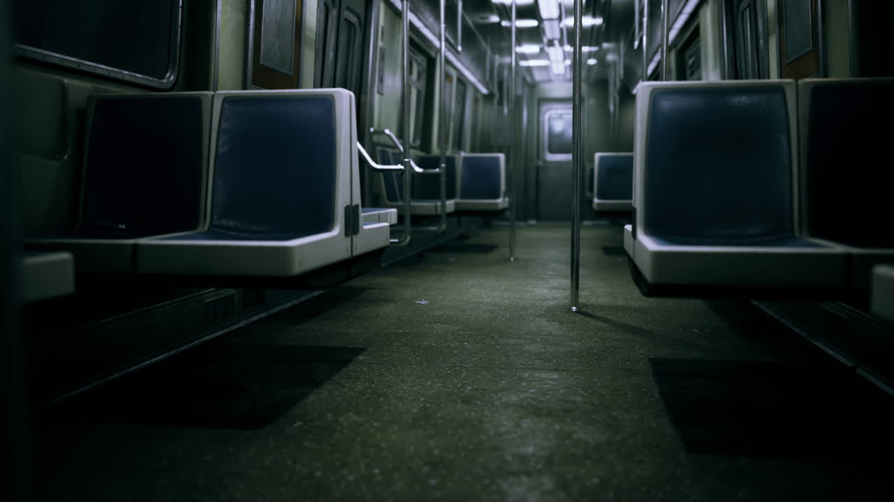 Empty subway train interior during late night hours in urban environment