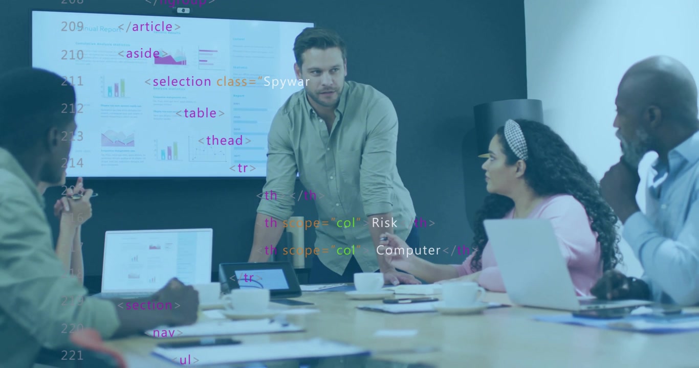 Diverse Business Team Discussing Data in Office Meeting with Code Overlay