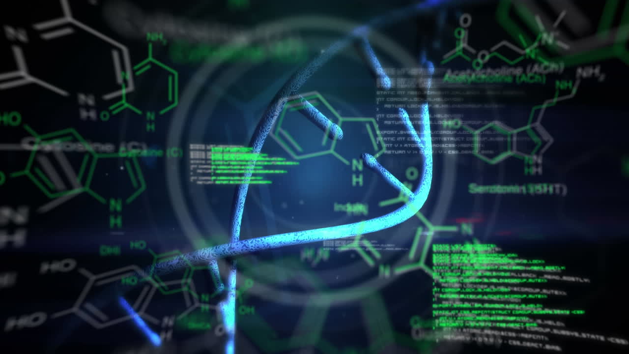 Moving DNA, text and digital data displayed on dark background