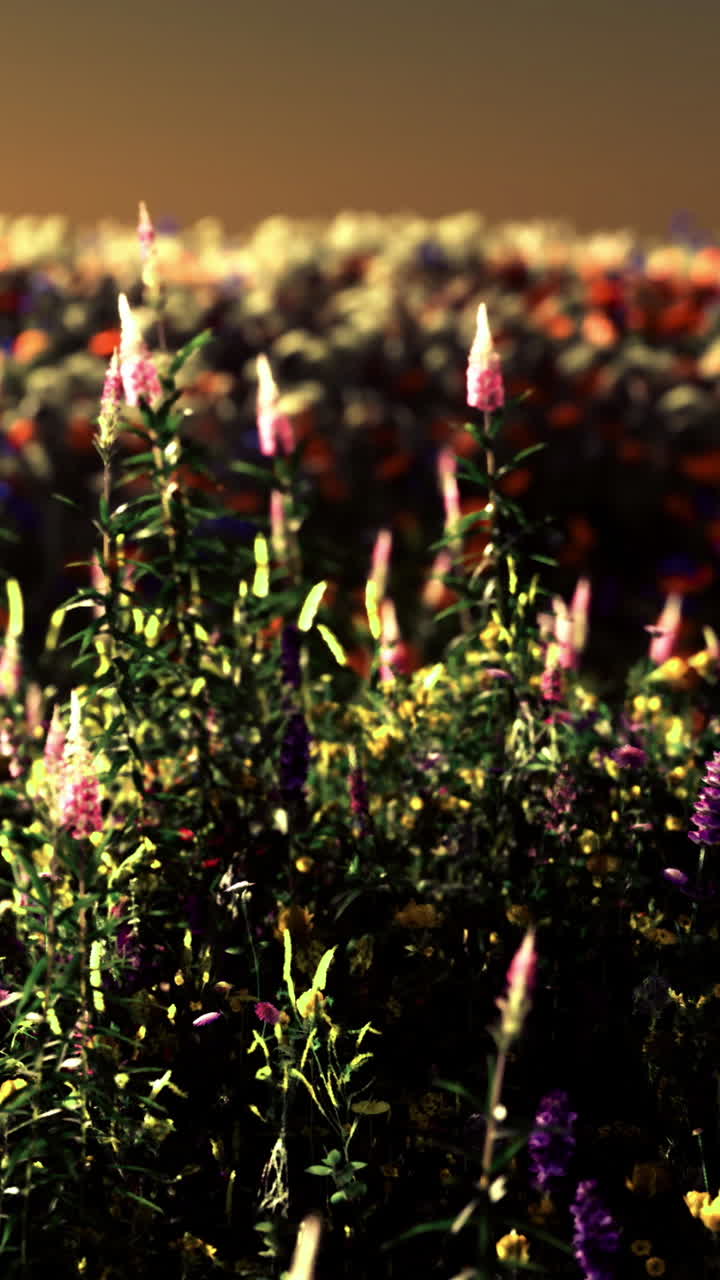 Fiori colorati sbocciano in un campo durante le ore del tramonto in autunno.