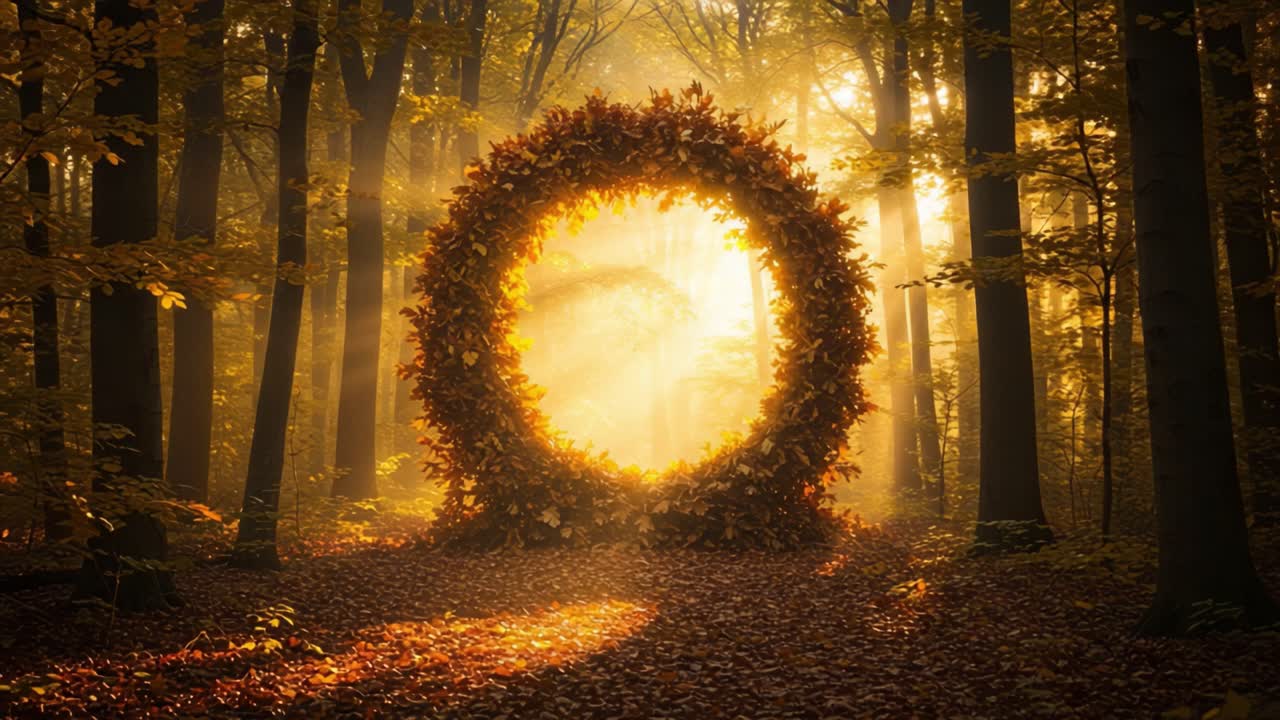 A Mystical Autumn Portal: Enchanted Circle of Leaves Illuminated by Golden Sunlight in a Serene Forest Setting, Creating a Dreamlike Atmosphere