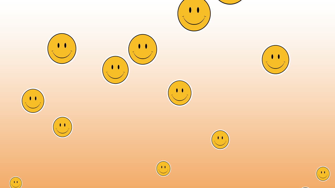 Digital animation of multiple smiling face emojis floating against gradient background