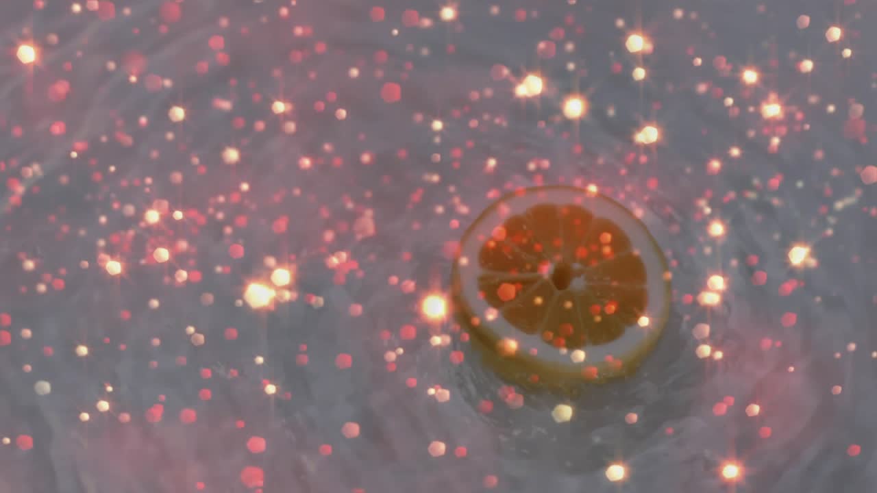 Rippling around citrus half floating on water, glowing sparks drifting and swirling for shimmer