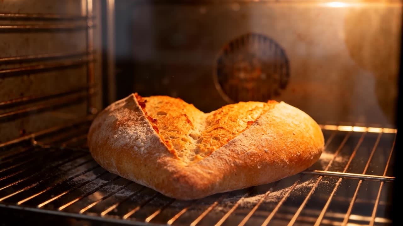 Expanding artisan loaf rising and browning from oven heat on center rack, showing V-shaped score