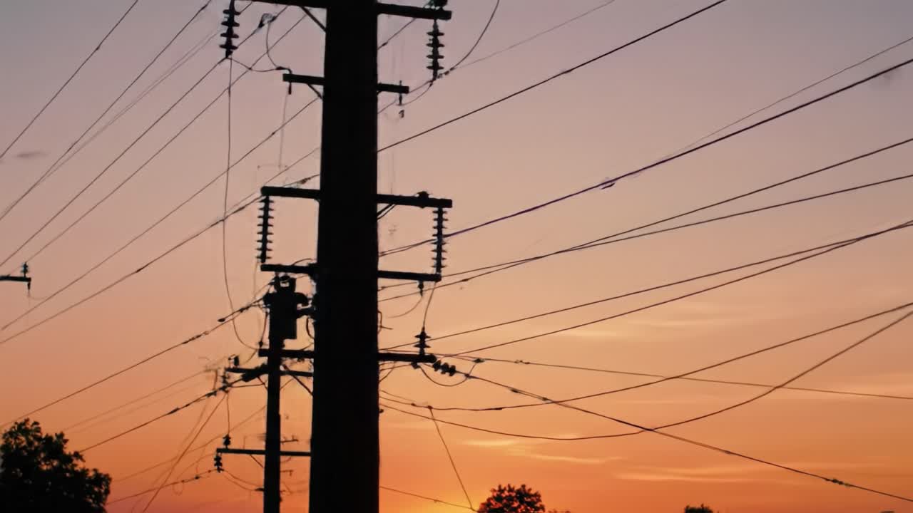 Captivating Sunset Silhouettes: Power Lines Framed Against a Vibrant Sky Capturing the Transition from Day to Night, Illuminating Nature's Beauty and Industrial Elements