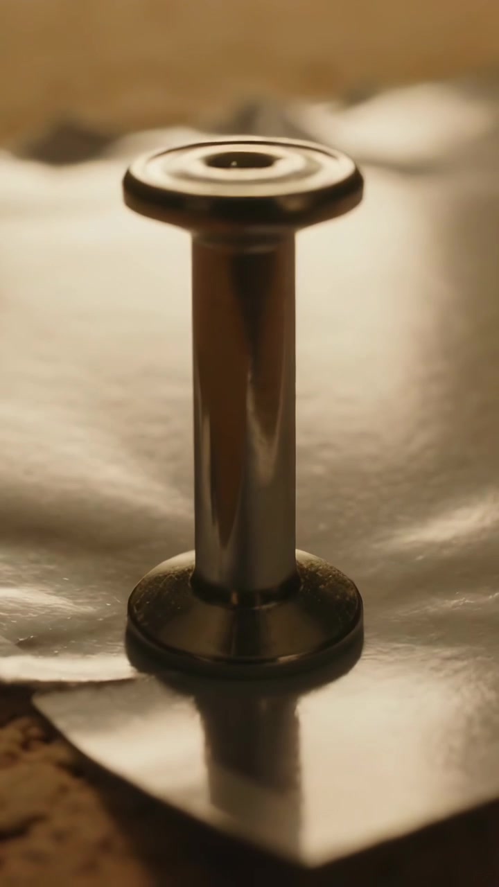 Vídeo vertical: Rebite de metal curto banhado em luz quente, refletindo em chapa brilhante sobre base texturizada.
