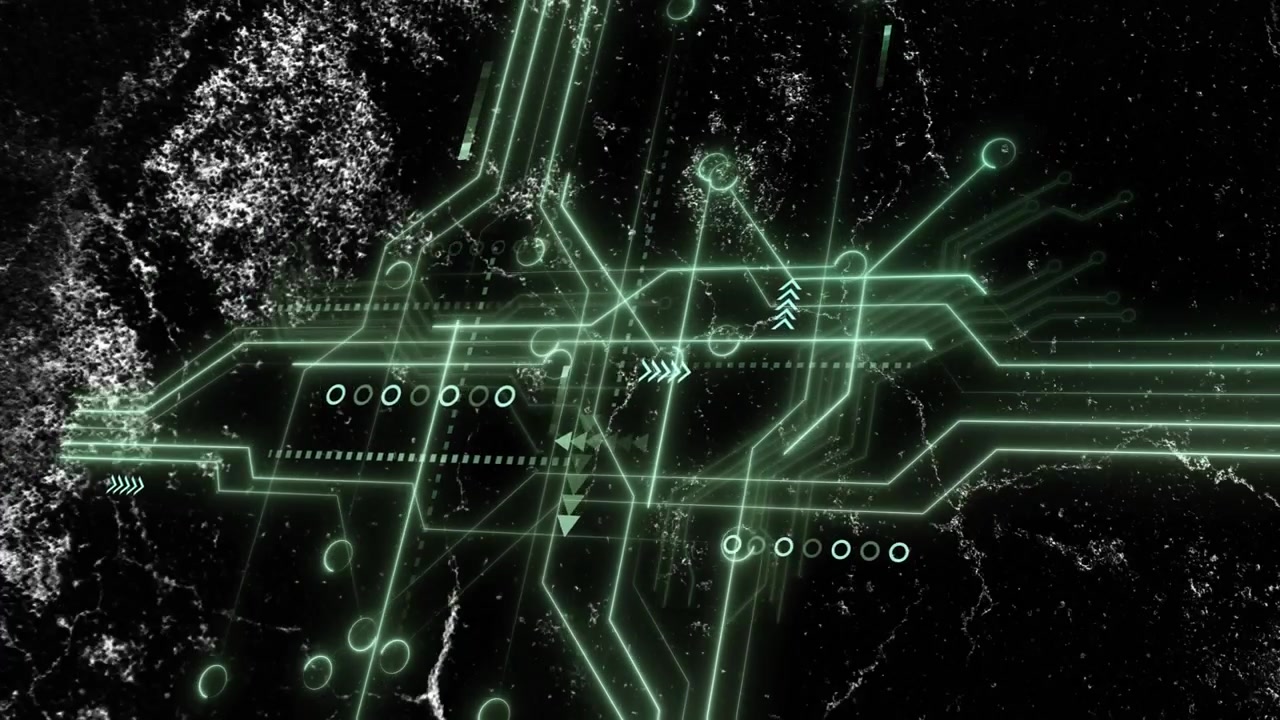 Initial faint glow intensifying, neon-green circuit traces sliding and pulsing to show signal flow