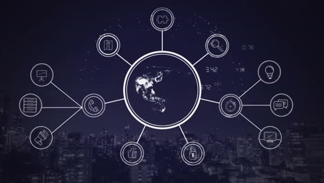 animation of network of connections with icons over globe