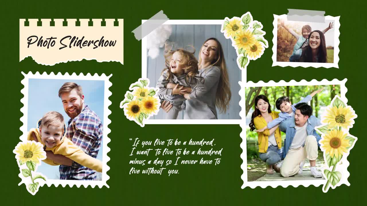 Slideshow di foto animato con famiglie felici e girasoli