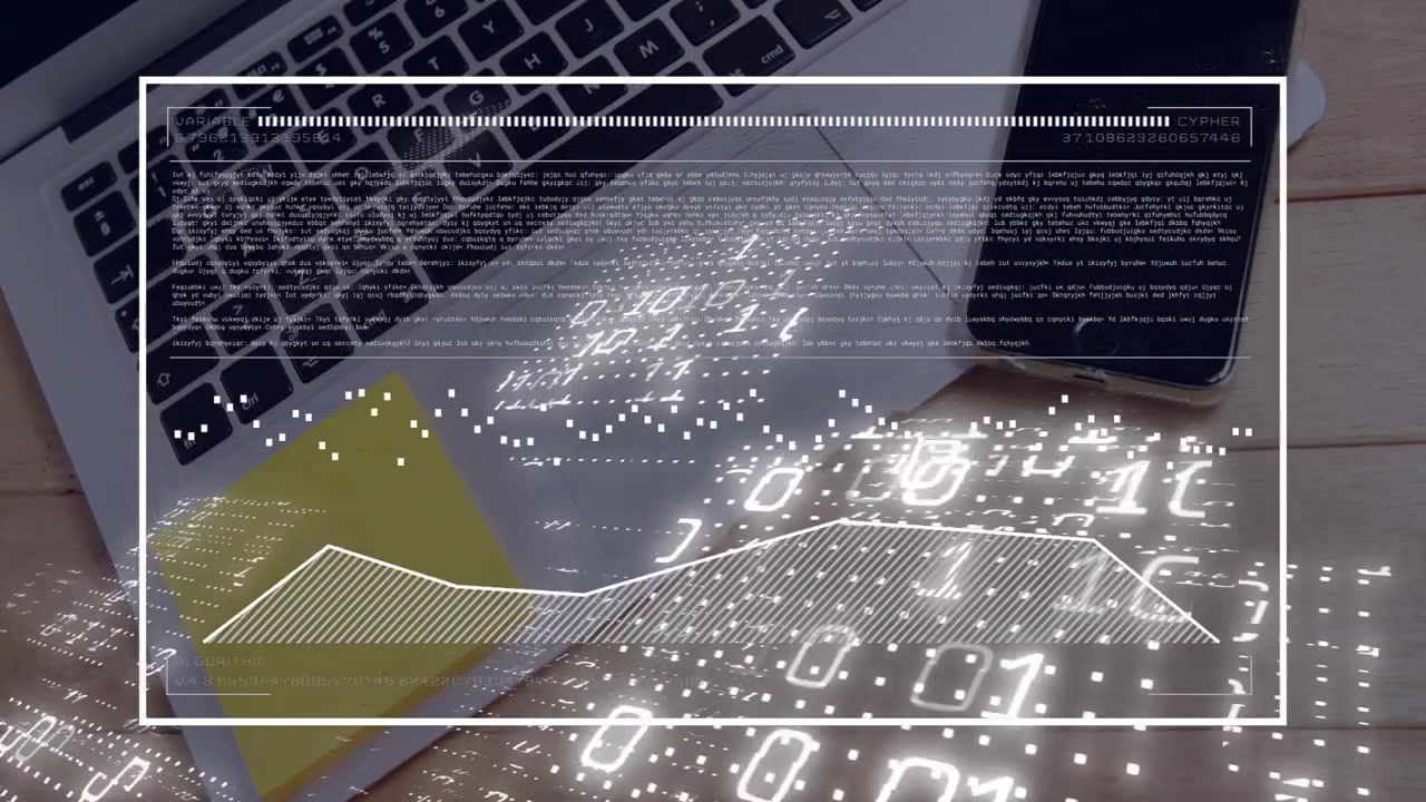 Kamera schwenkt herein, HUD-Overlay zeichnet Rahmen und Flächenchart, Daten über Laptop-Tasten anzeigend.