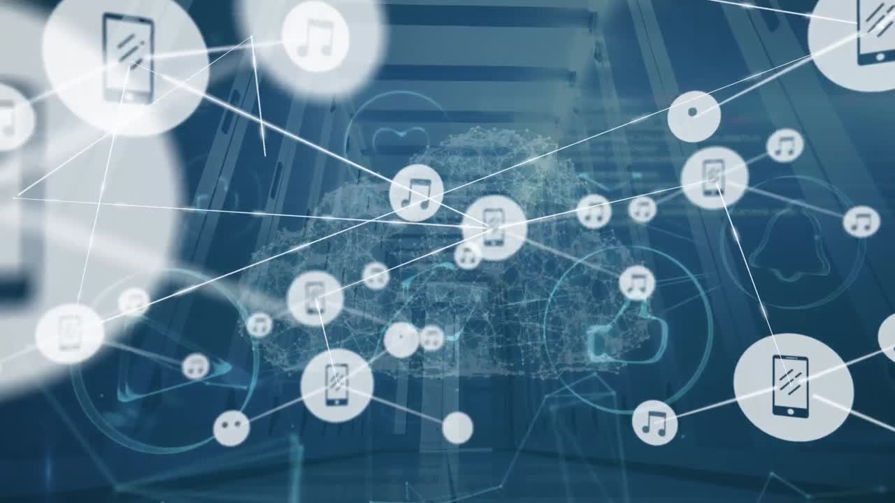Animation of network of connections with icons over server room